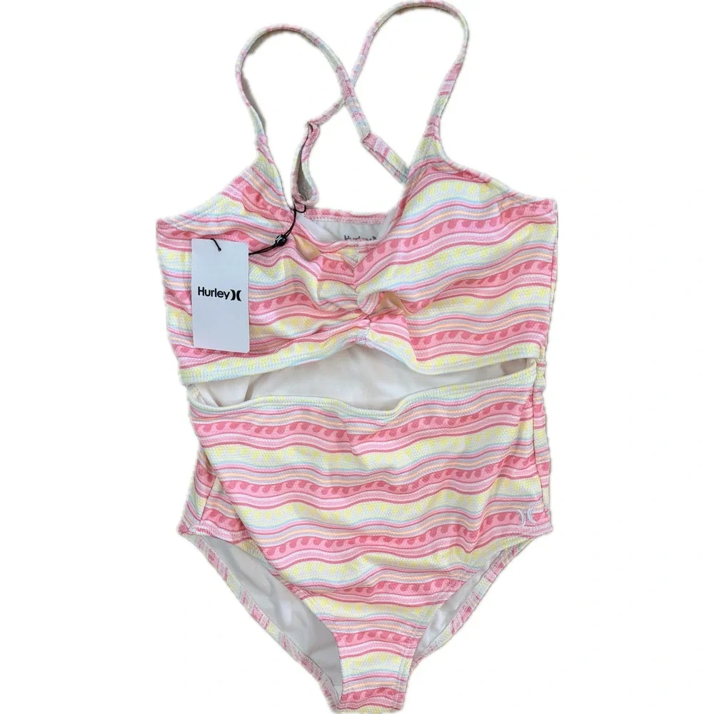 NWT Hurley Girls Pink Flamingo Wavy Stripe Cut Out One Piece Swimsuit Size 14